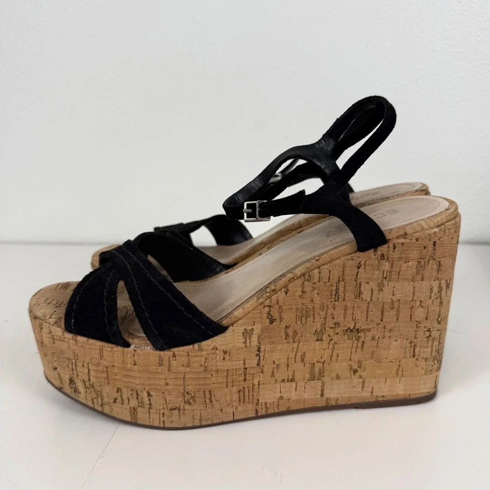 Schutz Black Suede Cork Platform Wedge Sandals Ankle Strap Womens Size 8.5